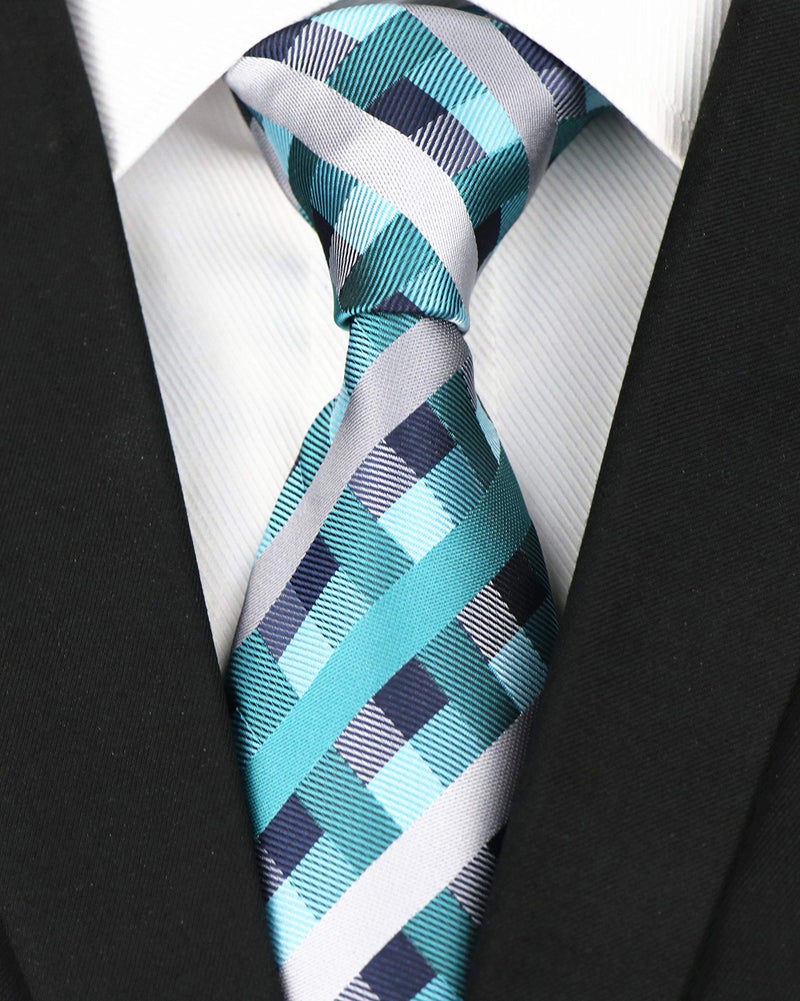 Elfeves Men's Repp Teal Blue Grey Check Tie Spring Summer Wedding Groom Designer Turquoise Necktie - Image 2